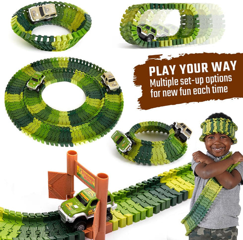 JITTERYGIT Dinosaur Jurassic Race Track Train Glow in The Dark World Toy Set - Kids Dino Racetrack Park with T-Rex &