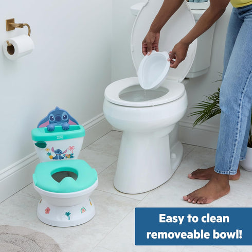 18+ 50 lbs Bright Starts Disney Junior Stitch My Size Potty Training Toilet, Toddler Potty Chair with Flushing