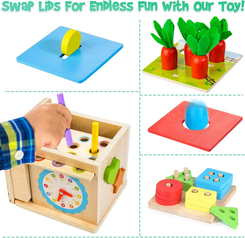 Wooden Montessori Baby Toys - 8-in-1 Play Kit with Shape Sorting, Stacking, Coin Box & More - Gift for Toddlers