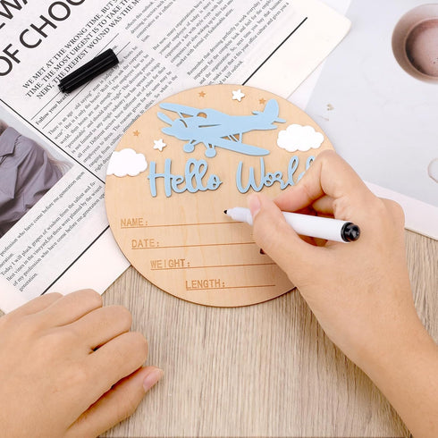 Penitue 5.9in Hello World Newborn Sign with Pen, Round Newborn Welcome Birth Name Sign Airplane and Cloud Decoration