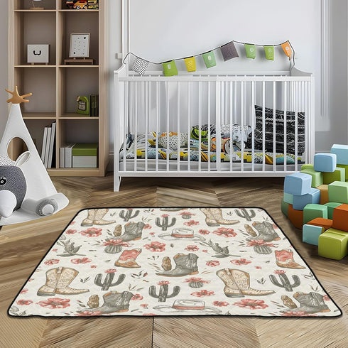 KICPOAY 50 50 Baby Play Mat Cowboy Boot Hats Western x Playpen Mats for Floor Play Gym Crawling Mat Non-Slip Cushioned