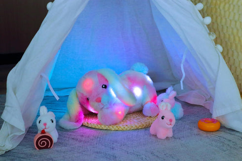Playset Mommy 3 Tummy 12'' Hopearl LED Musical Stuffed Bunny Light up Singing Plush Toy Rabbit with Baby Bunnies in her