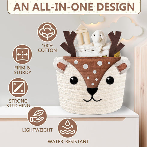 100% Cute Deer Cotton Rope Baby Laundry Basket for Boys & Girls, Woodland Nursery Decor, Nursery Storage Basket