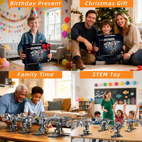 Set 8-14, (730PCS) Mechanical T-Rex Dinosaur Building with Lights, Rotatable Components & Display Stand, STEM Building