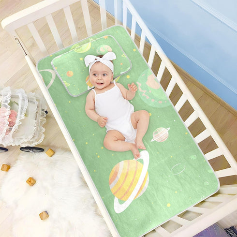 SyXIOP 28" 52" Cartoon Illustration Space Soft Green Cooling Baby Crib Mattress Protector x Washable Pads Washable