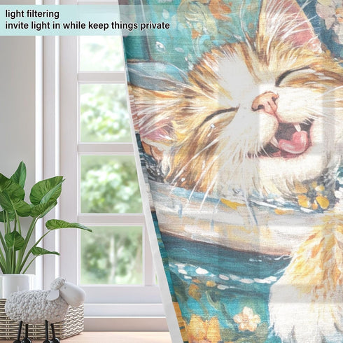 tplaotee Summer 63 Inch 2 Sets 42 63 Inch Cartoon Cute Bathing Cat Vintage Bathtub Curtains for Living Room Curtains