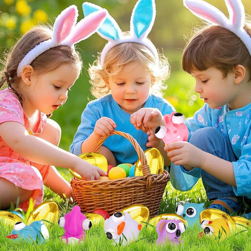 FLYSNK 8 Pack Jumbo Golden Easter Eggs Fillers with Eye-pop Fidget Stress Toys, Easter Basket Stuffers Fillers Large