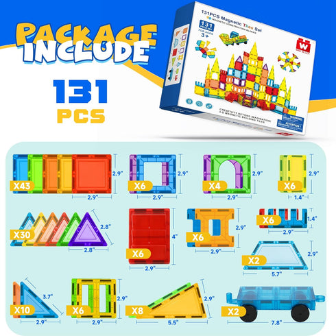 Magnetic Tiles for Kids Ages 3-5 131PCS Building Blocks with 2 Cars, Educational Magnets Toys