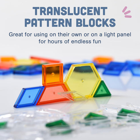 Constructive Playthings Translucent Pattern Blocks, STEM Toys, Light Table Manipulatives, Set of 147 Blocks