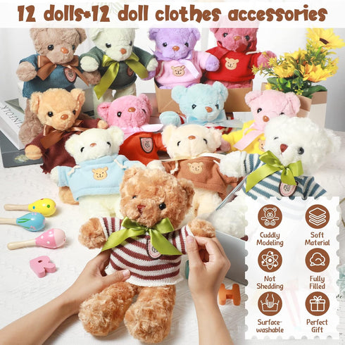 Zhanmai 12 Set Cute Bear Stuffed Animals with Removable Clothes - 12 Inch Plush Toy Gift for Kids