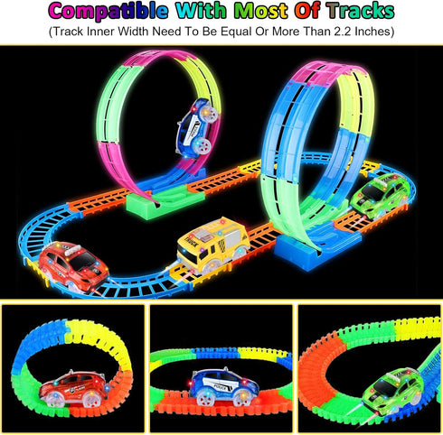 Replacement Toy Cars for Magic Tracks, Glow in The Dark, Racing Car Track Accessories with 5 LED Lights, 4 Pack
