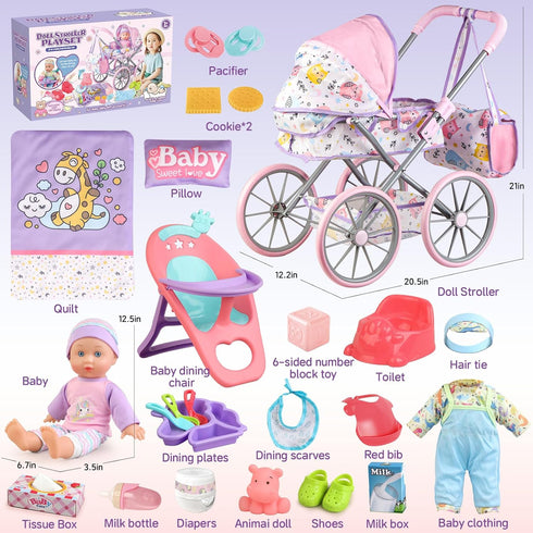 Playset 3-5 4-6 5-7 12.5" 24 2 Sets Baby Doll Stroller for Girls Toddlers Year Old to Play House Games. Stroller Toy