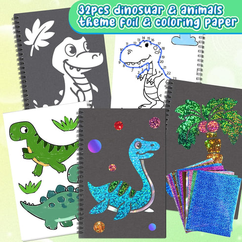 Art & Craft Activity, Foil Fun Dinosaur DIY Art Kits, No Mess Creative Drawing Game for Kids Ages 4-9 Birthday Gifts