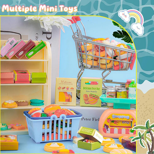 YOUHORYA 196Pcs Mini Shopping Cart Basket Trolley Grocery Game Model Miniature Drink Bottle Food Pizza with Box