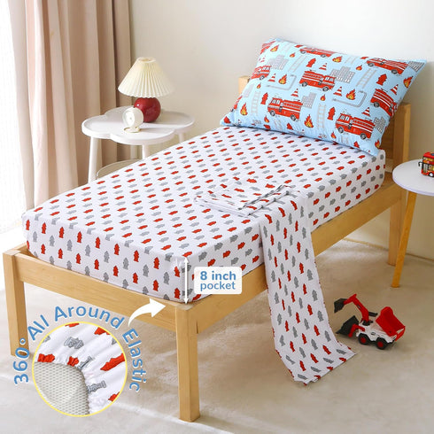 4 Set Sets Mooreeke Pieces Toddler Bedding - Fire Truck Blue Toddler Comforter for Boys, Includes Comforter, Flat