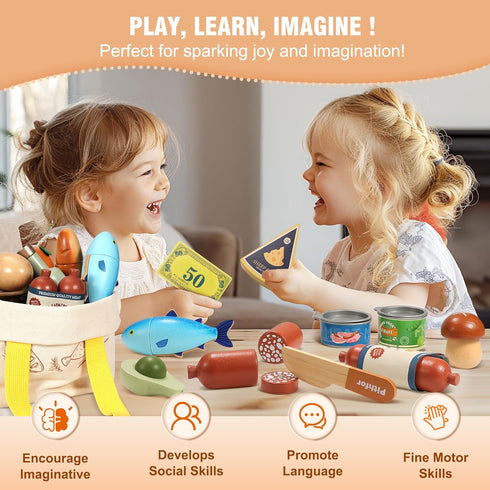 Set Pithfor Wooden Play Food for Kids Toddlers, Grocery Store Pretend Play Food, Pretend Grocery Shopping & Play