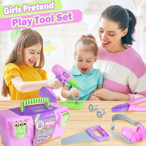 Kids Tool Set, Pink Toy Tool Set for Girls with Electric Drill, Hammer, Planer, Working Vest, Accessories, Storage Box
