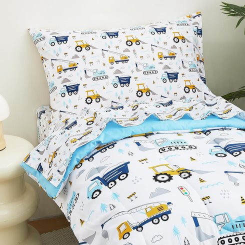 lasoftan Set, 4-Piece Set Cars Toddler Bedding Bed-in-a-Bag Comforter for Boys, Construction Truck Bedding, Machine
