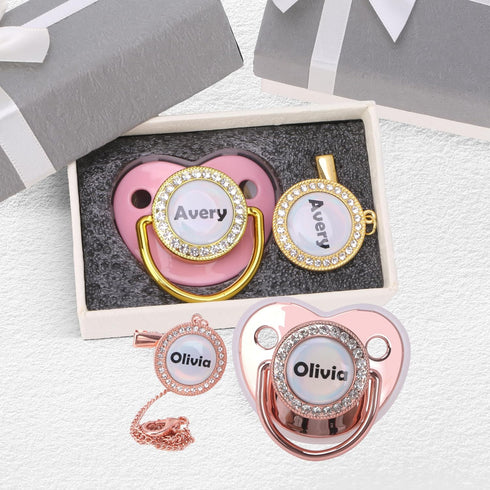 Set Dummy Custom Pacifier with Name, Bling Personalized Pacifier with Gift Box, Glitter Crystal Luxurious Soother Ideal