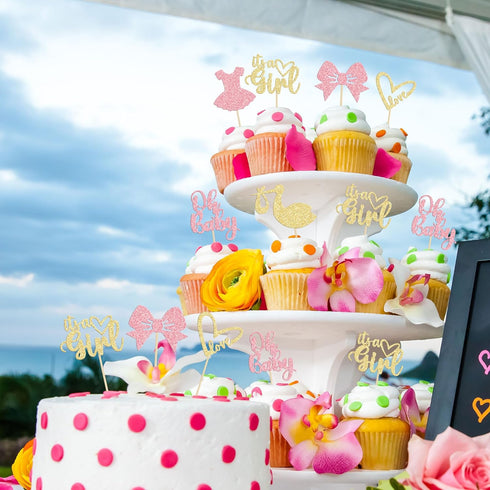 Gyufise 36 Pack Oh Baby Cupcake Toppers, It's a Girl Cupcake Toppers with Bow Dress Glitter Cake Picks for Baby Shower