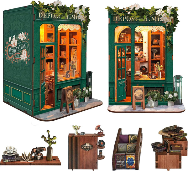 DIY Book Nook Kit, Miniature Bookshelf Decor with LED Lights, Laser-Cut Wooden