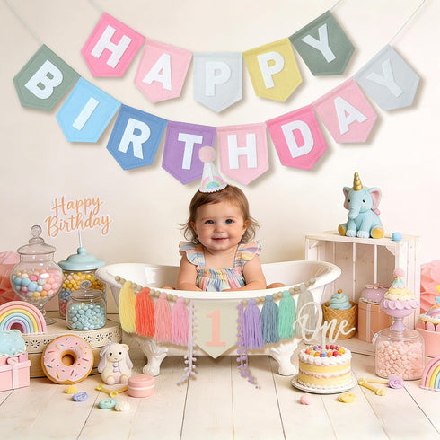 1st DCJHFJ Pastel Macaron Rainbow High Chair Banner Felt Happy Birthday Banner Pre-Strung Birthday Party Decorations