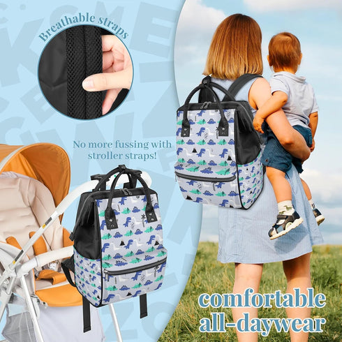 Honeybaby Backpack 19L Diaper Bag for Mom & Dad Cartoon Dino Dinosaurs Large Diaper Bag Tote with Multi-Pocket