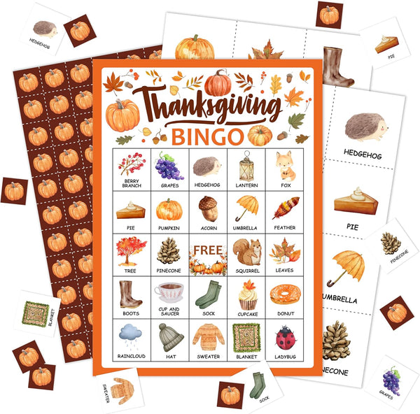Thanksgiving Bingo Game Cards, Fall Pumpkins Themed Party Activity, Large Group Thanksgiving Party for Adults