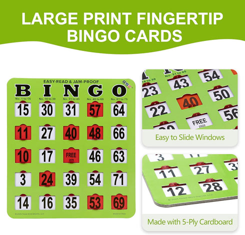 10-Pack GSE Games & Sports Expert Fingertip Shutter Slide Bingo Cards, Reusable Easy-Read Green Jumbo Bingo Game Cards
