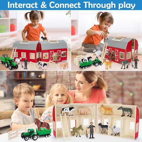 3+ Playset YEEBAY Farm Animals Toys for Year Old Kids Toddlers Girls Boys, Large Wooden Barn with Animal Play Figures