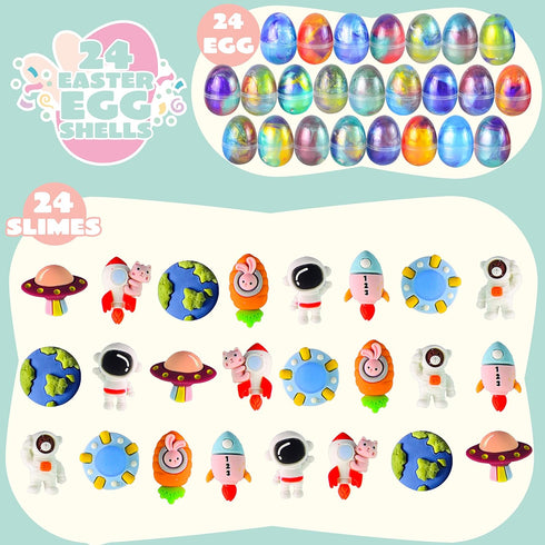 24 3+ Packs, JOYIN Pcs Galaxy Slime Eggs with Toys, Unscented, Multi-color, Easter, Space Theme, Years, Small, Multi