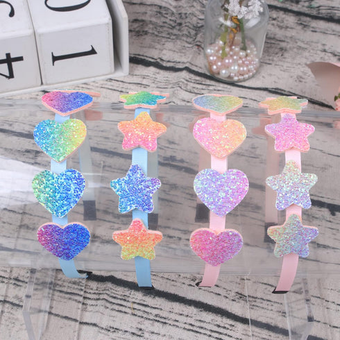 XIMA Glitter Heart Girls Headbands, Rainbow Star Hair Accessories, Pack of 8