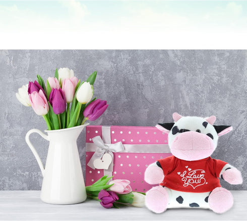 DolliBu I Love You Valentine Plush Cow, 6 Inches, Cute Stuffed Animal with Red Shirt, Personalization Gift