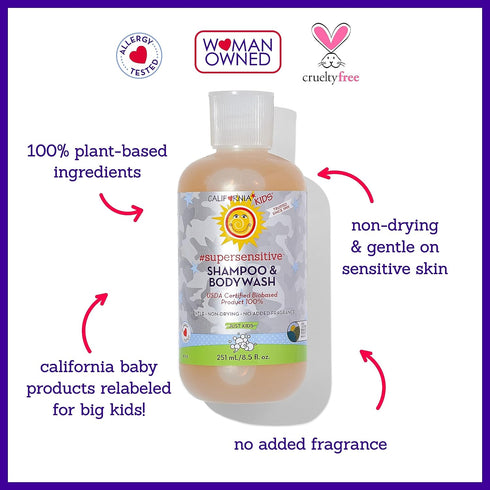 100% 8.5 oz California Kids Shampoo + Body Wash | Super Sensitive Unscented | Gentle Skin Care for Kids + Teens |
