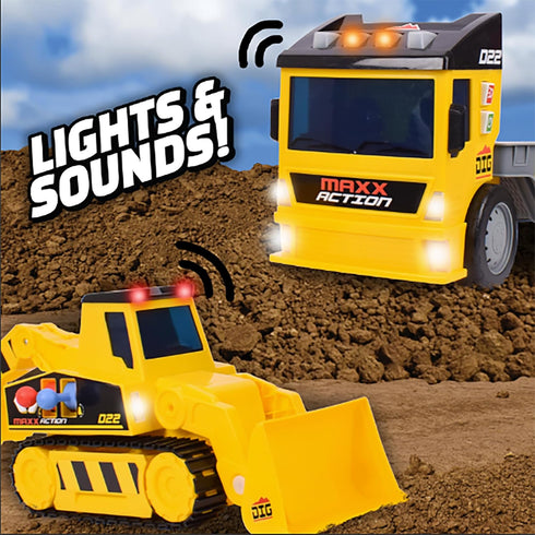 2-N-1 Sunny Days Entertainment Maxx Action Mega Mover Construction Truck and Trailer with Lights, Sounds and Motorized