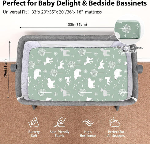 33x20 Baby Bedside Bassinet Sheets Fitted, Compatible with Baby Delight Dream On Me & Most Rectangle Bedside Sleeper