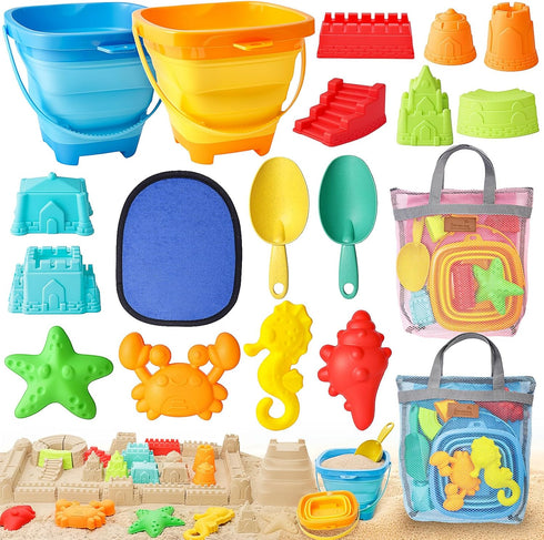 LovesTown Collapsible Beach Toys for Kids, Collapsible Sand Bucket and Shovels Set