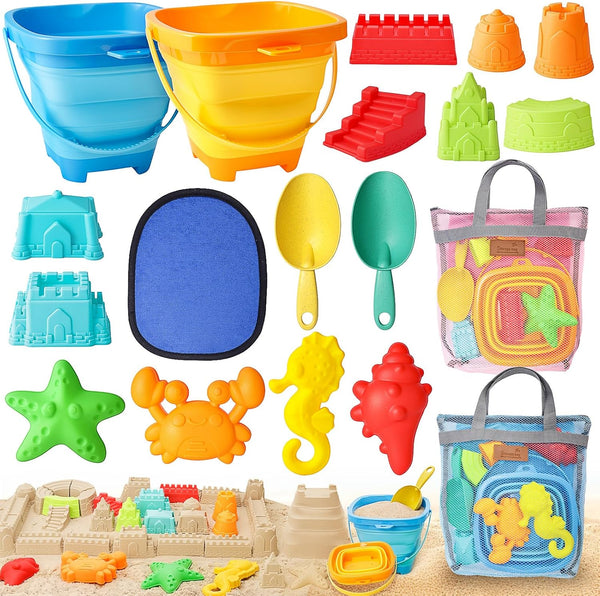 LovesTown Collapsible Beach Toys for Kids, Collapsible Sand Bucket and Shovels Set