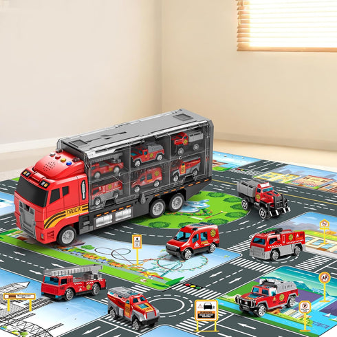 NIPLOOOW 3-5 Set 3-5, 3-8+ Toddler Boys Toys for Years Old, Fire Truck Vehicle with Play Mat and Die-Cast Toy Car