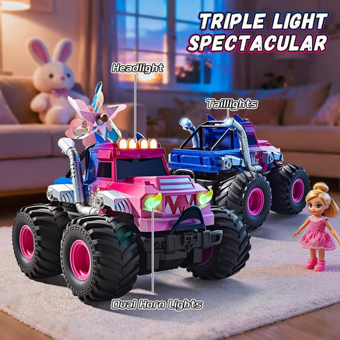 YEESWOOQI 360Spin, 1:18 4WD 3-12 Remote Control Car for Girls, Waterproof Pink Monster Truck Toys W/Blocks & Amphibious
