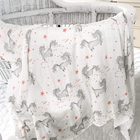Aenne Baby Muslin Swaddle Blanket for Boys & Girls, Luxurious Wrap, Dancing Unicorns and Stars, 47"x47"