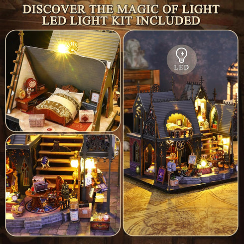 DIY Miniature House Kit, Tiny Magic Cabin House for Adults, 3D Wooden Puzzles Dollhouse with LED Light