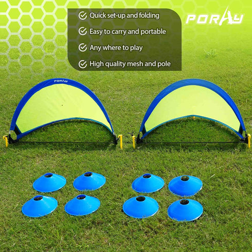 Poray Soccer Goal for Kids, Easy-up Set of Two Portable 4FT Soccer Nets with 8 Field Marker Cones and Extra Stakes
