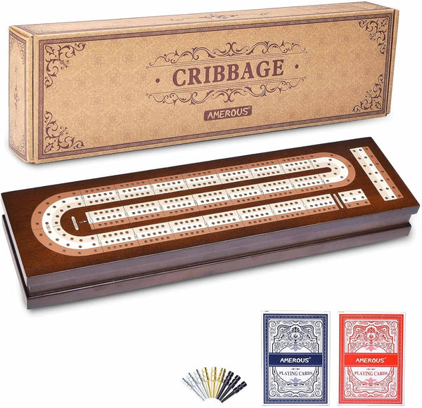 AMEROUS Wooden Cribbage Board Game Set with Magnetic Lock - Metal Pegs