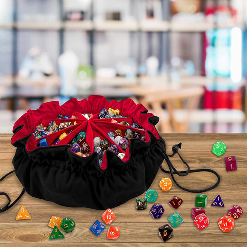 SIQUK Large Dice Bag with Pockets, Drawstring Storage Bag for DND, RPG, MTG Table Games, Holds over 300 Dice (Black &