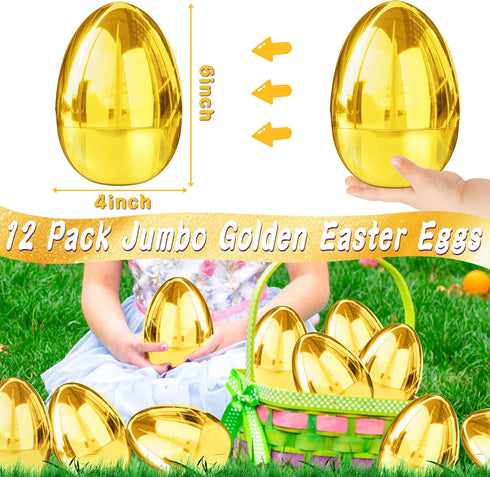 12 6 Inch PCS Jumbo Gold Easter Eggs Giant Metallic Golden Easter Eggs Fillable Large Suprise Egg for Easter Themed
