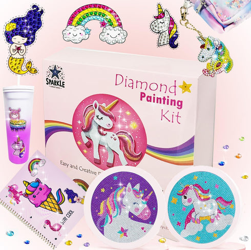Sparkels 5D Diamond Art Kits for Kids - Includes Two Framed Canvas Arts, Keychains, and Diamond Stickers