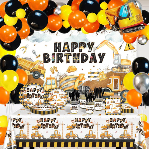 Construction Birthday Party Supplies 251 PCS Construction Birthday Banner Balloons Plates Napkins