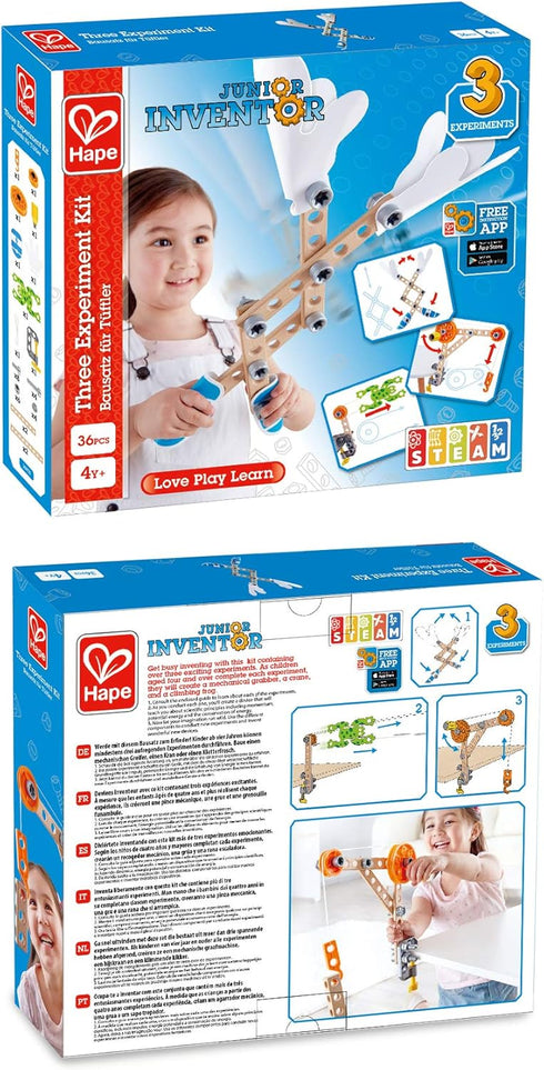 Hape Three Experiment Kit - Junior Inventor Kids Physics Mechanical Crane, Grabber & Climbing Frog Play Set