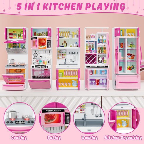 57 PCS Kitchen Playset for Girls - 5-in-1 Toddler Mini Kitchen with Realistic Lights & Sounds, Pink